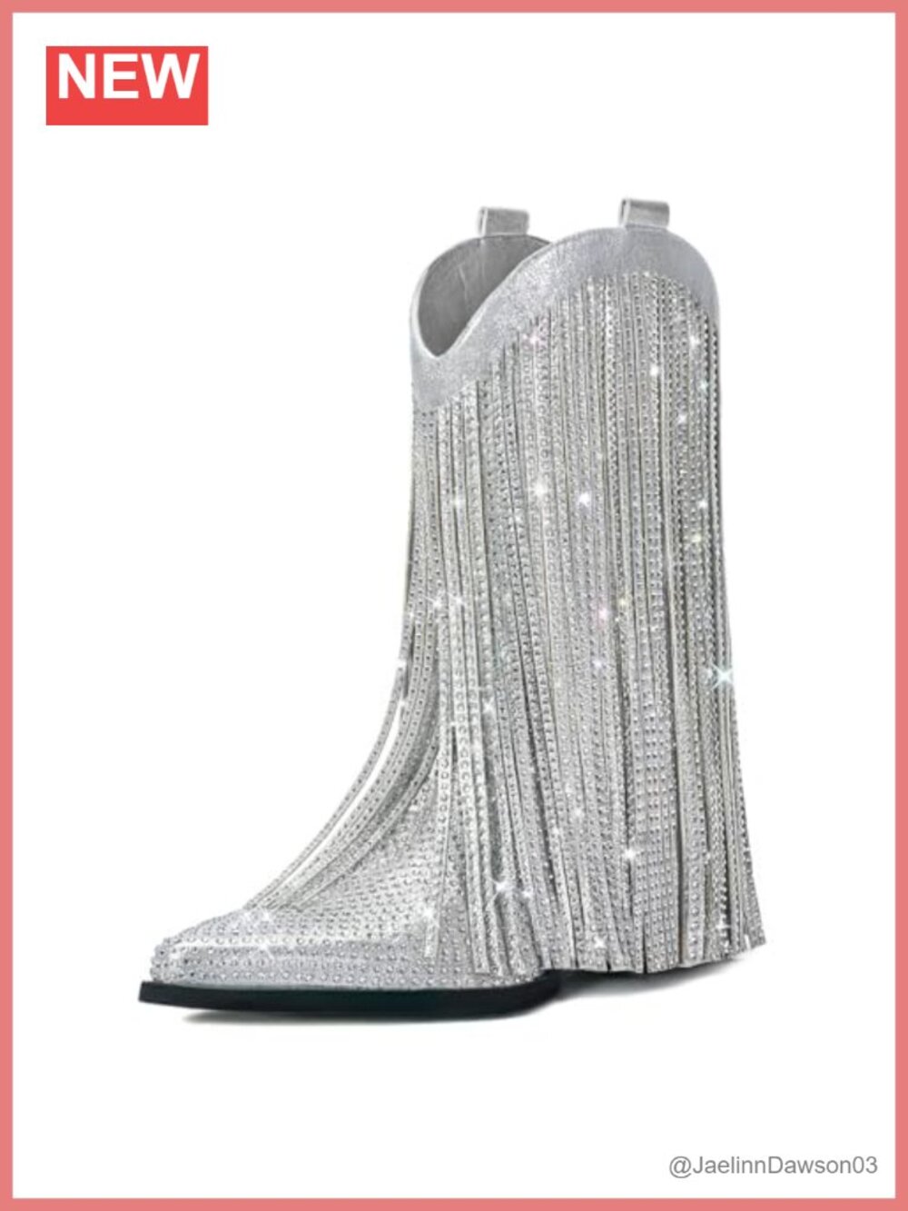 Faux Leather Fringe Cowgirl Boots Chunky Heel Pointed Toe Rhinestone Women's